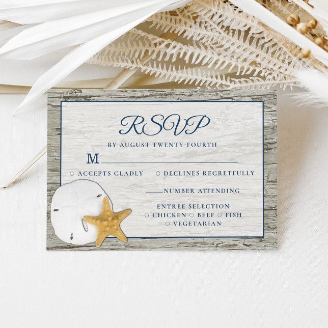 Rustic Beach Driftwood Sand Dollar Wedding RSVP Karte (Von Creator hochgeladen)