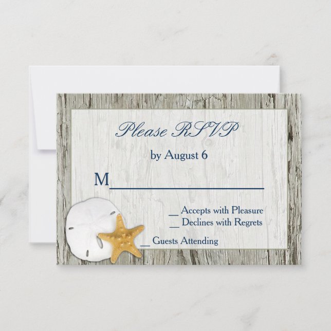 Rustic Beach Driftwood Sand Dollar Wedding RSVP Karte (Vorderseite)