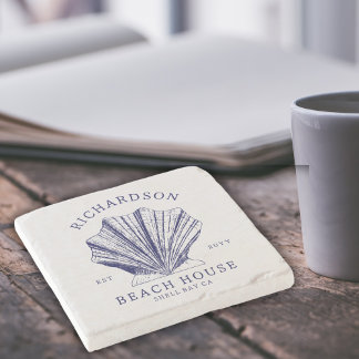 Rustic Beach House Familienname Nautic | Blau Steinuntersetzer