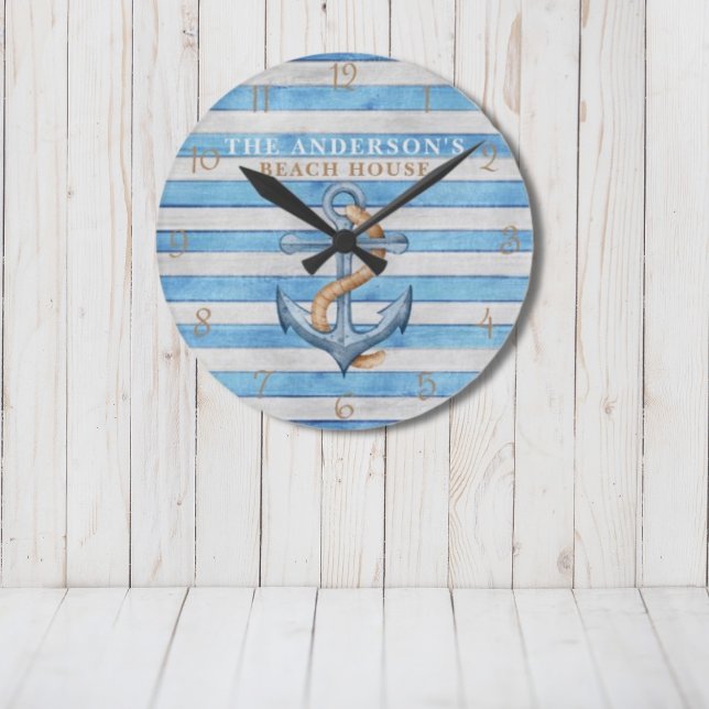 Rustic Beach House Nautical Stripes Personalisiert Runde Wanduhr (Von Creator hochgeladen)