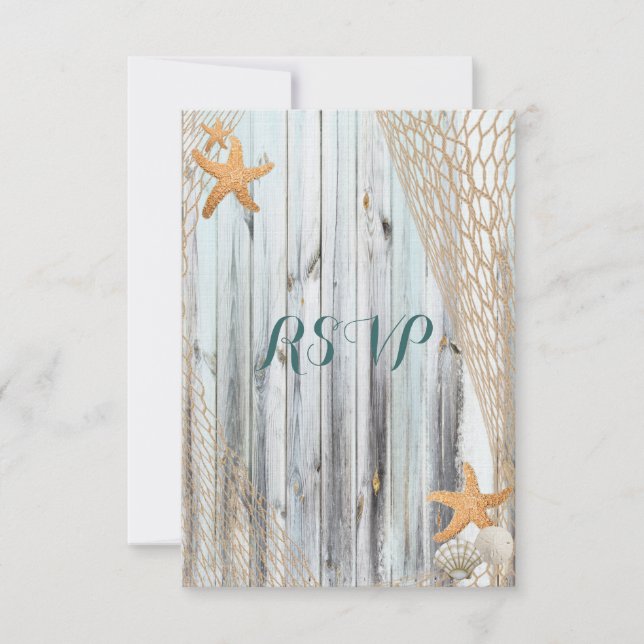 Rustic Beach Starfish Wedding RSVP Karte (Vorderseite)