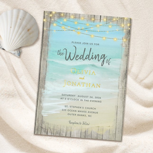 Rustic Beach String Lights Gold Foil Wedding Folieneinladung (Von Creator hochgeladen)