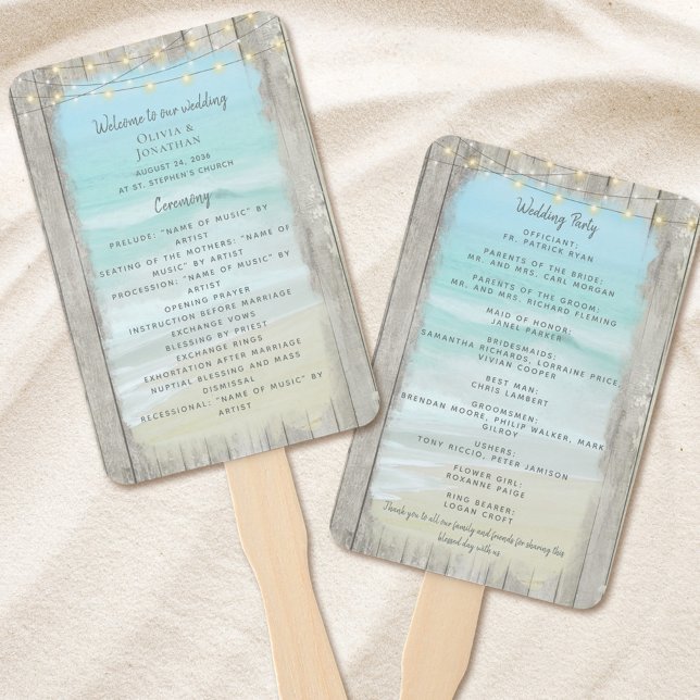 Rustic Beach String Lights Ocean Wedding Program Fächer (Von Creator hochgeladen)