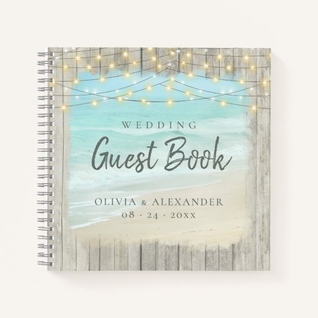 Rustic Beach String Lights Wedding Guest Book Notizbuch (Vorderseite)