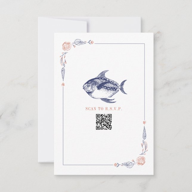 Rustic Beach Wedding Red & Blue Fish UAWG RSVP Karte (Vorderseite)