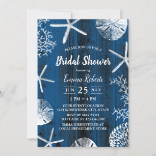Rustic Beach Wedding Seashells Brautparty Navy Einladung