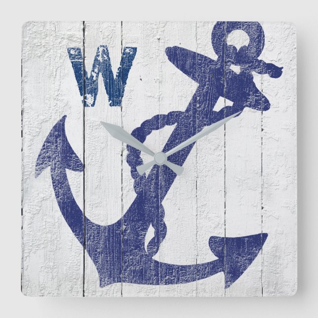 Rustic Beach Wood Blue Nautical Anchor Mit Monogra Quadratische Wanduhr (Vorderseite)