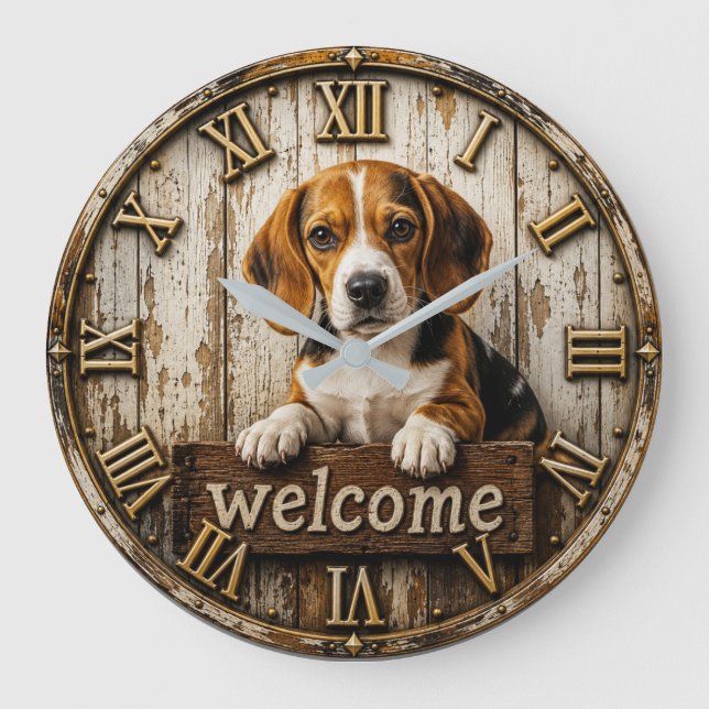 Rustic Beagle Welcome Farmhouse Große Wanduhr (Vorderseite)