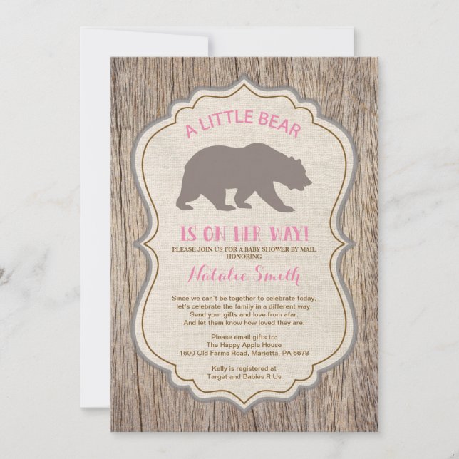 Rustic Bear Baby Shooter by Mail Invitation Girl Einladung (Vorderseite)