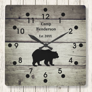 Rustic Bear Camp Acrylic Clock Quadratische Wanduhr