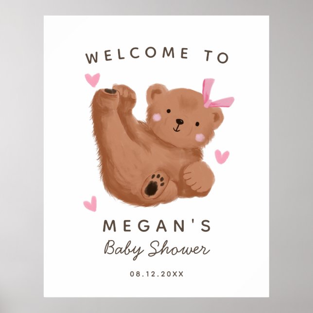 Rustic Bear Girl Baby Dusche Begrüßungszeichen Poster (Vorne)