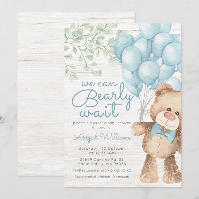 Rustic Bearly Wait Blue Bären Boy Baby Dusche Einladung (Vorne/Hinten)