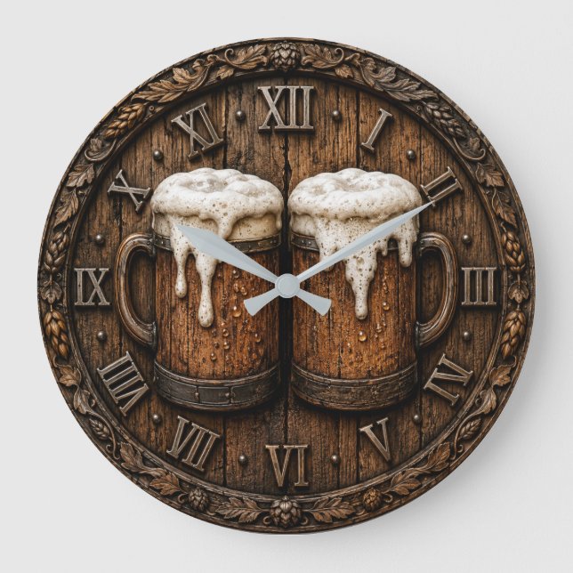 Rustic Beer Mug Bar Decor Man Cave Gift Große Wanduhr (Vorderseite)