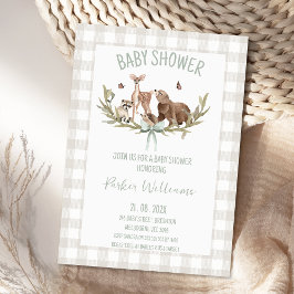 Rustic Beige Gingham Woodland Baby Shower Einladung