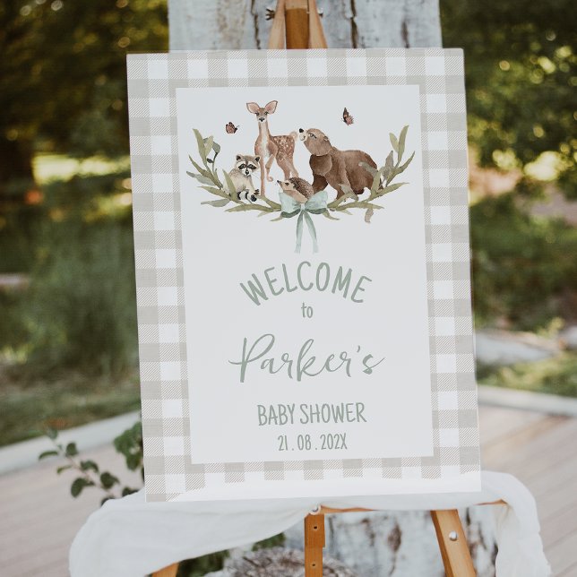Rustic Beige Woodland Baby Shower Welcome Sign Fotodruck (Woodland Baby Shower Welcome Sign, Rustic Woodland Baby Shower Welcome Sign Beige, Gingham Pattern)