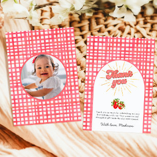 Rustic Berry First Birthday Foto Red Strawberry Dankeskarte