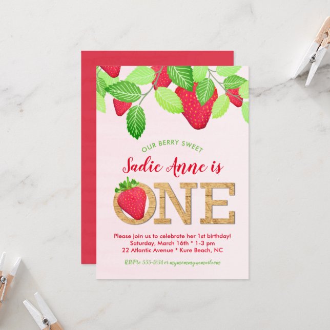 Rustic Berry Sweet Strawberry 1st Birthday Girl Einladung (Vorderseite/Rückseite Beispiel)