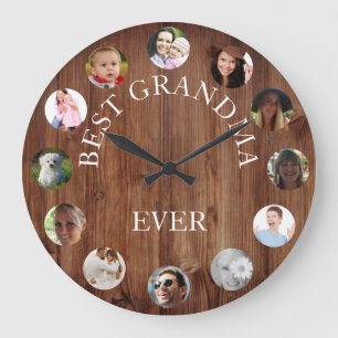 Rustic Best Grandma Ever Photo Collage Wood Große Wanduhr