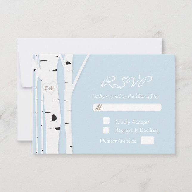 Rustic Birch Tree Heart Icy Blue Wedding RSVP Card (Vorderseite)