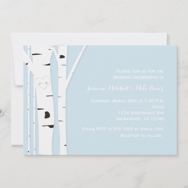 Rustic Birch Tree Herz Blue Wedding Einladung (Vorderseite)