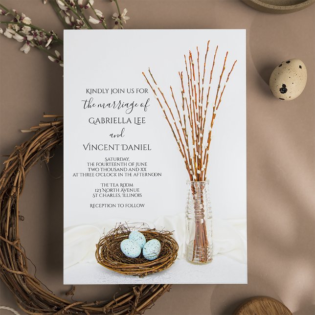 Rustic Bird Nest Blue Eggs Pussy Willows Wedding Einladung (Von Creator hochgeladen)