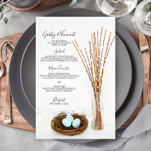 Rustic Bird Nest, Eggs, Pussy Willows Wedding Menu (Von Creator hochgeladen)