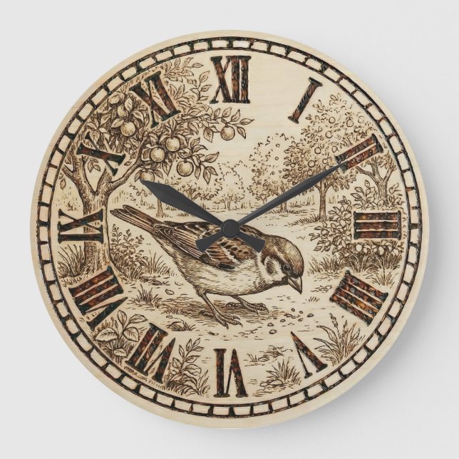 Rustic Bird Wall Clock  Große Wanduhr (Vorderseite)