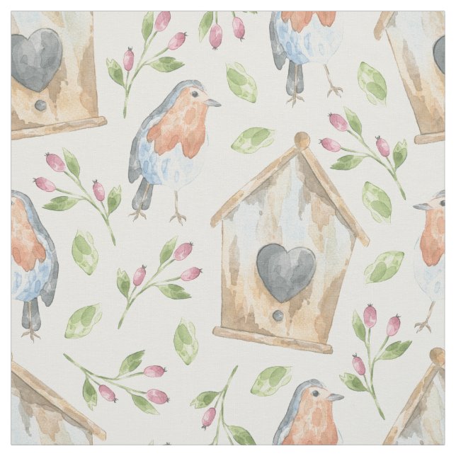 Rustic Birdhouse Robin Watercolor Pattern Stoff (Muster)