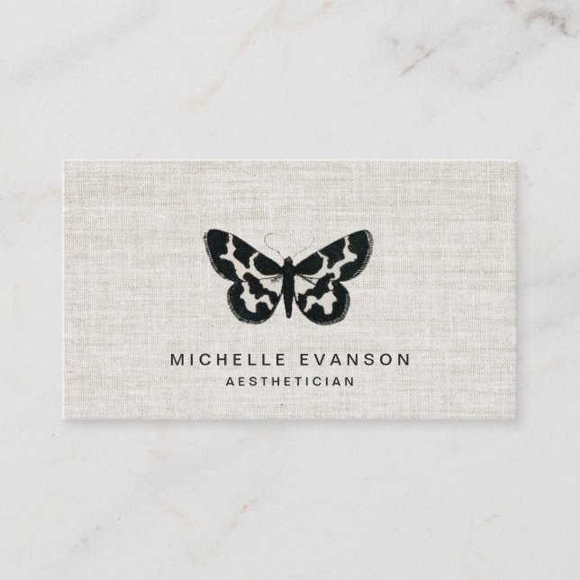 Rustic Black Butterfly Logo on Elegant Linen Visitenkarte (Vorderseite)