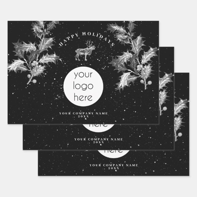 Rustic Black White Holiday Business Logo Christmas Geschenkpapier Set (Set)