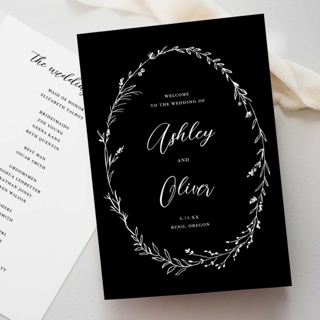 Rustic Black & White Wildflower Wreath Wedding Programm (Von Creator hochgeladen)