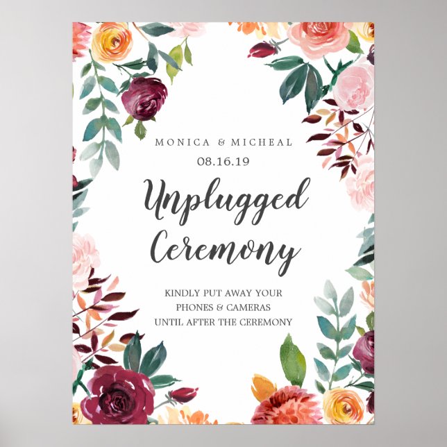 Rustic Bloom Chic Unplugged Wedding Zeremony Sign Poster (Vorne)