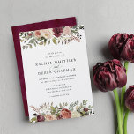 Rustic Bloom Wedding Invitation Einladung<br><div class="desc">Elegant floral wedding invitations or fall or winter weddings feature your details accented by top and bottom borders of watercolor roses,  mums and greenery in rustic autumn colors including peach,  ivory,  blush,  burgundy and green. Cards reverse to a subtly mottled deep cabernet.</div>