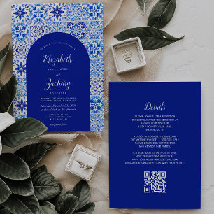 Rustic Blue Arch Portugiesischer Tile QR Code Hoch Einladung