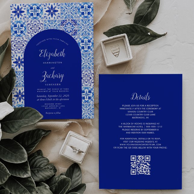 Rustic Blue Arch Portugiesischer Tile QR Code Hoch Einladung (Von Creator hochgeladen)