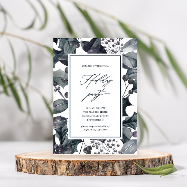 Rustic Blue Botanic Calligraphy Holiday Party Einladung (Von Creator hochgeladen)