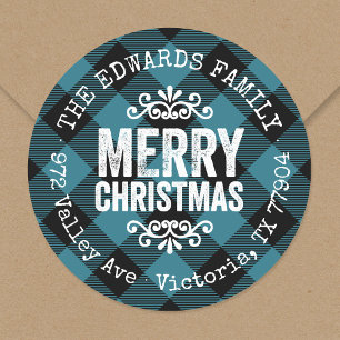 Rustic Blue Buffalo Karo Rücksendeadresse Runder Aufkleber