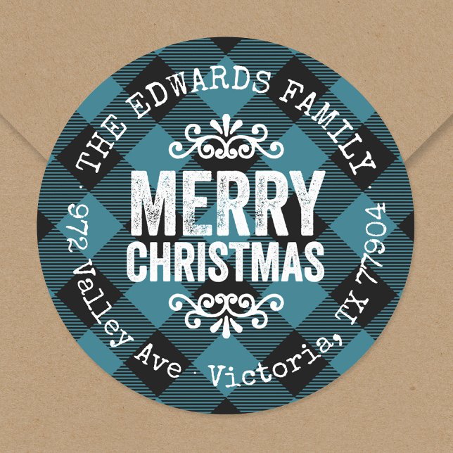 Rustic Blue Buffalo Karo Rücksendeadresse Runder Aufkleber (Von Creator hochgeladen)