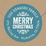 Rustic Blue Christmas Circle Rücksendeadresse Labe Runder Aufkleber<br><div class="desc">Erschwingliche,  individuell bedruckte Rundaufkleber mit Rücksendeadresse personalisiert mit Ihrem Familiennamen und Ihrer Rücksendeadresse. Dieses rustikale,  moderne Urlaubsdesign zeichnet sich durch eine beängstigende MERRY CHRISTMAS Schrift auf blauem Hintergrund aus. Verwenden Sie die Designtools,  um eine beliebige Hintergrundfarbe auszuwählen und Schriftart und Farben zu bearbeiten,  um Ihre eigenen Rücksendeadressen-Aufkleber zu gestalten.</div>