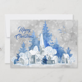 Rustic Blue Church Trees Aquarellen Weihnachtswohn Feiertagskarte