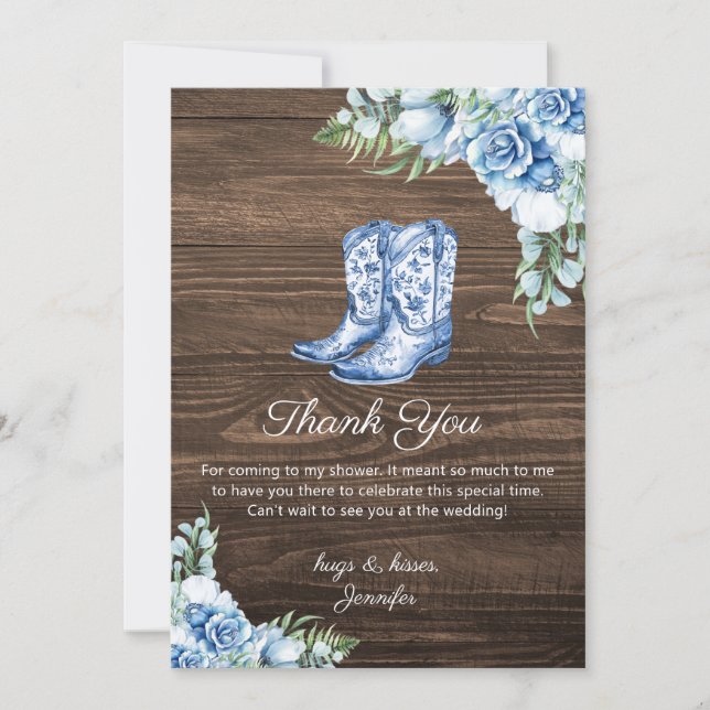 Rustic Blue Cowgirl Boots Bridal Shower Thank You  Mitteilungskarte (Vorderseite)