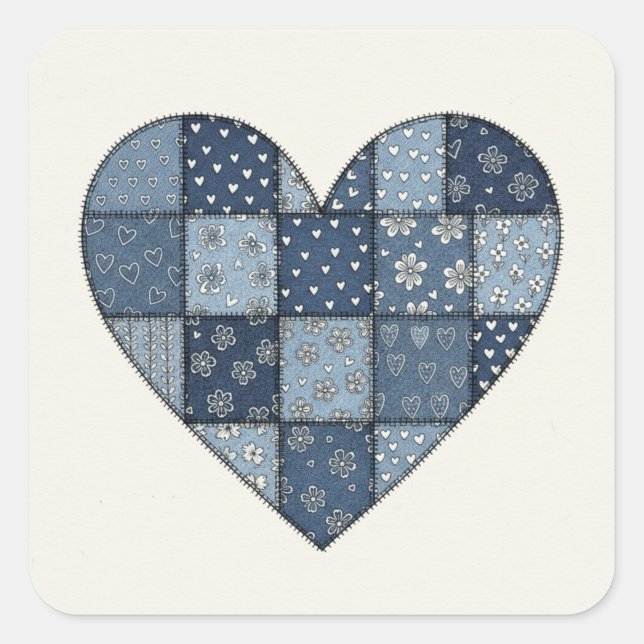 Rustic Blue Denim Patchwork Heart Illustration Quadratischer Aufkleber (Vorderseite)