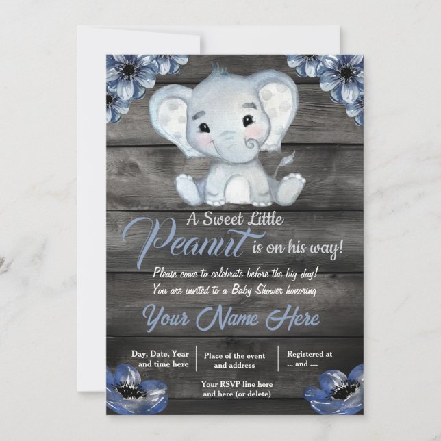 Rustic Blue Elephant Baby Dusche Einladung (Vorderseite)