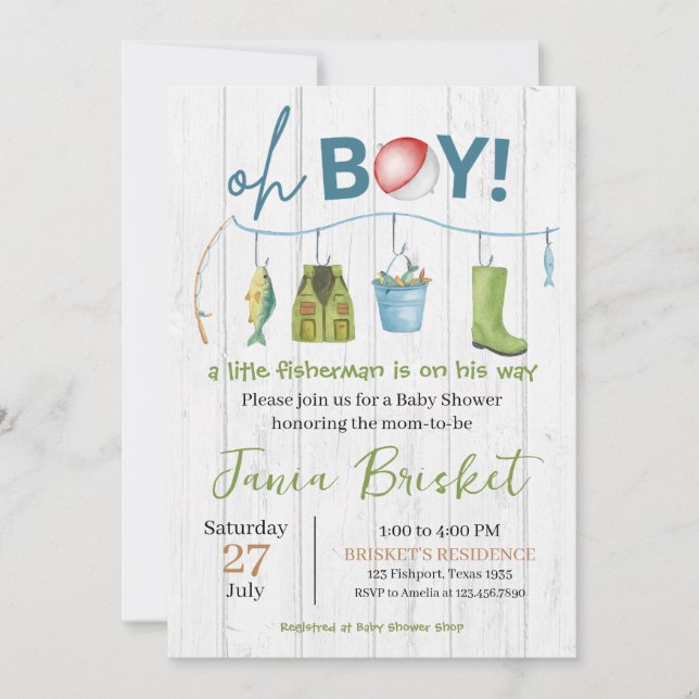 Rustic Blue Fishing Design Baby Shower Boy Einladung (Vorderseite)