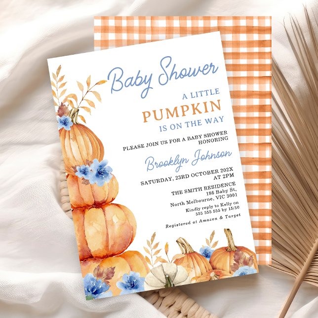 Rustic Blue Floral Little Pumpkin Baby Dusche Einladung (Boys Little Pumpkin Baby Shower Invitation, Blue Floral Pumpkin Themed Fall Baby Shower, Autumn)