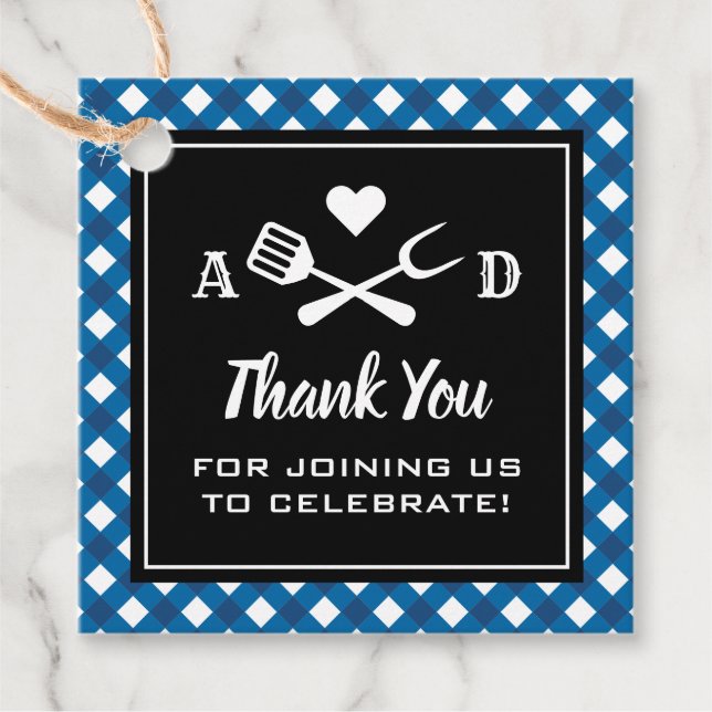 Rustic Blue Gingham GRILLEN Wedding Vielen Dank Geschenkanhänger (Vorderseite)