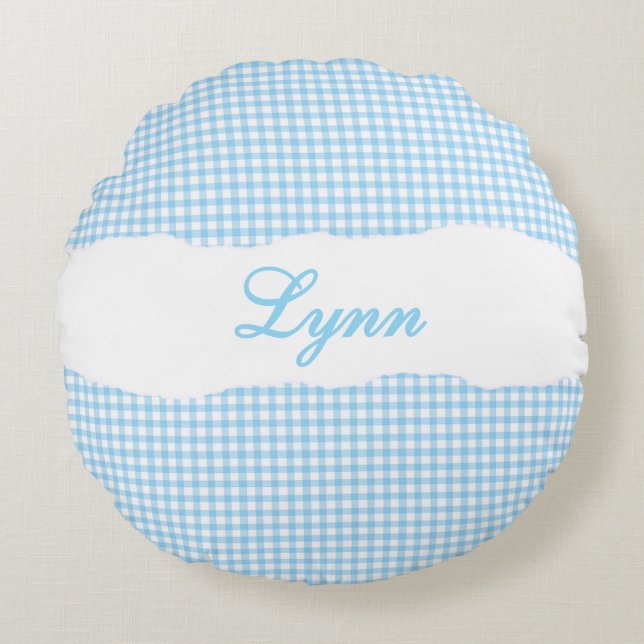 Rustic Blue Gingham Personalized Name Rundes Kissen (Vorderseite)