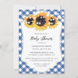 Rustic Blue Gingham Sunflower Baby Dusche Einladung