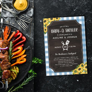 Rustic Blue Gingham Sunflowers Baby-Q Dusche Einladung