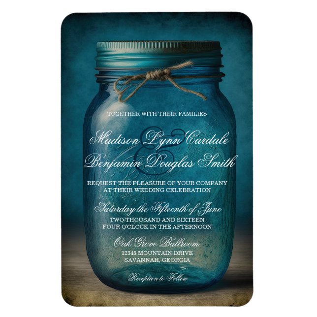 Rustic Blue Glass Mason Jar Country Wedite Einladu Magnet (Vertikal)